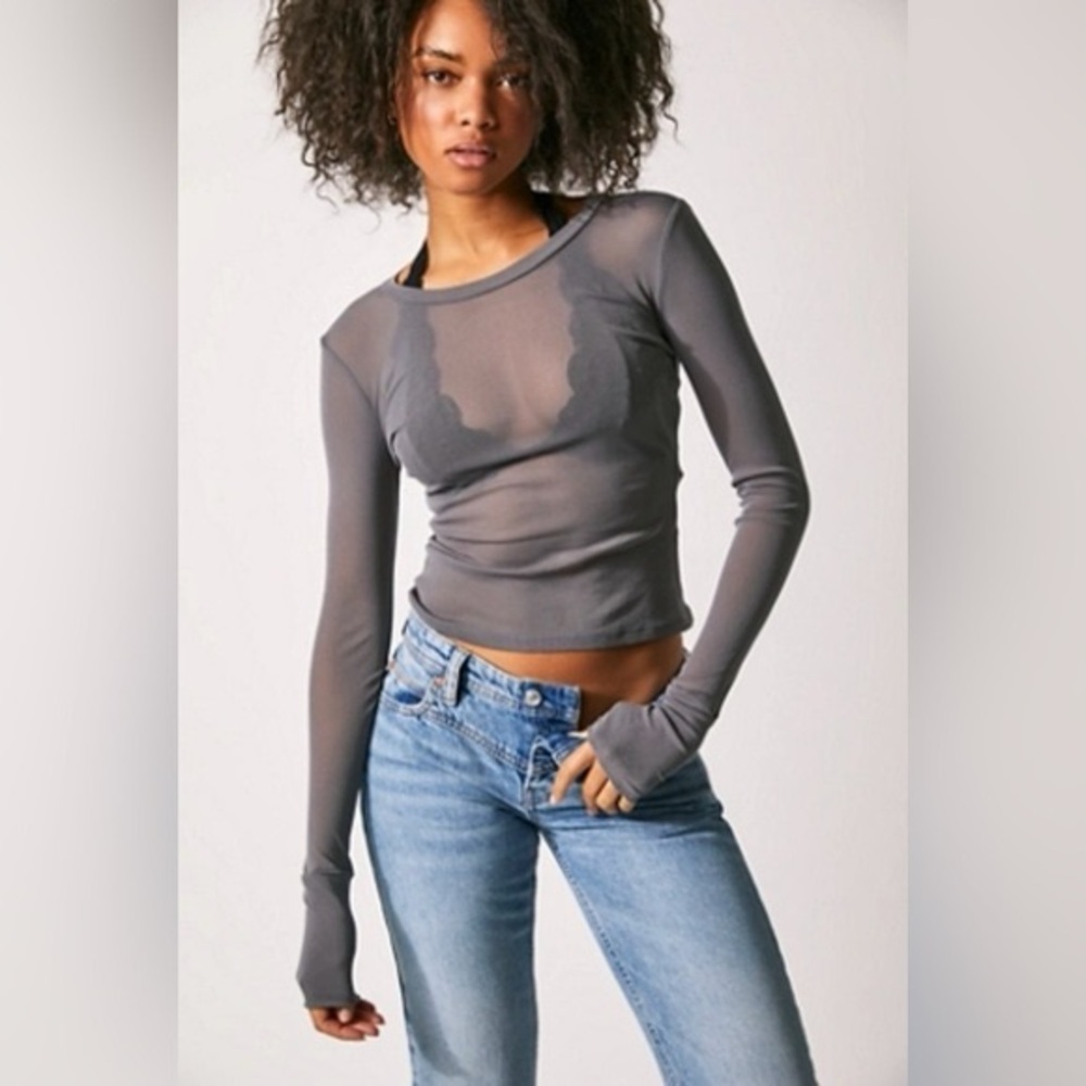 Free People Sheer Gray Long Sleeve Top M